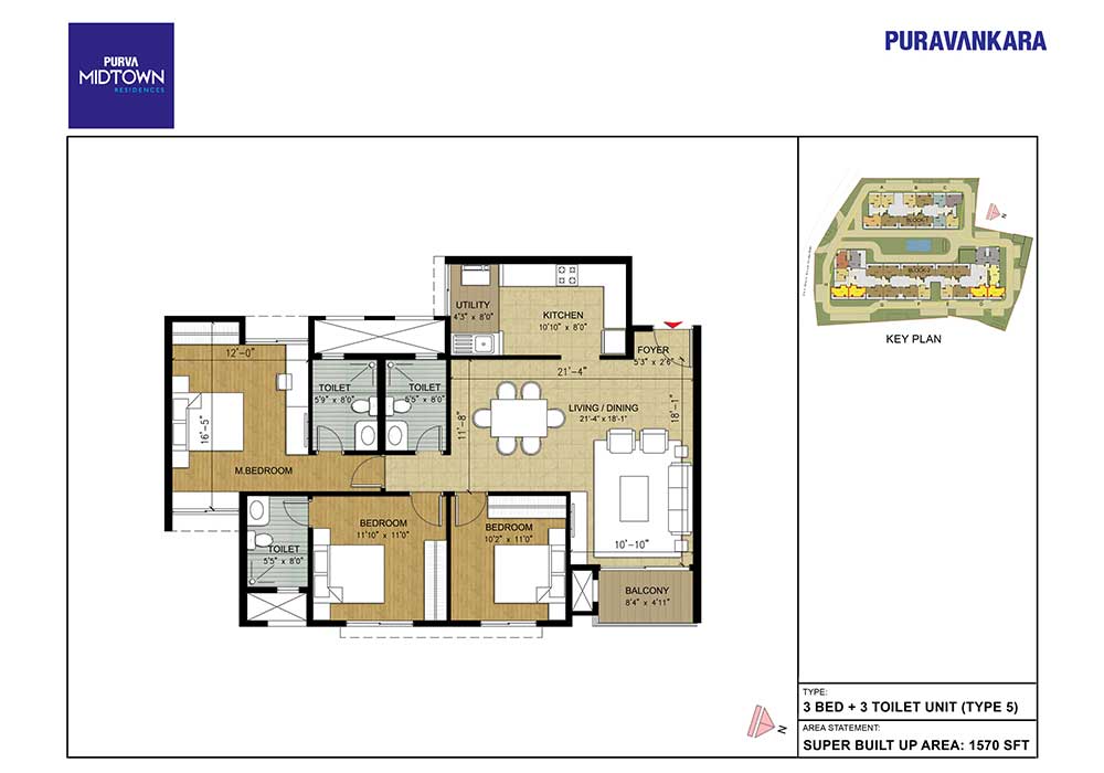 3 BHK+3T 1677/sqft-saleable sqft Apartment for Sale in Puravankara Purva  Midtown Residences in Off Old Madras Road